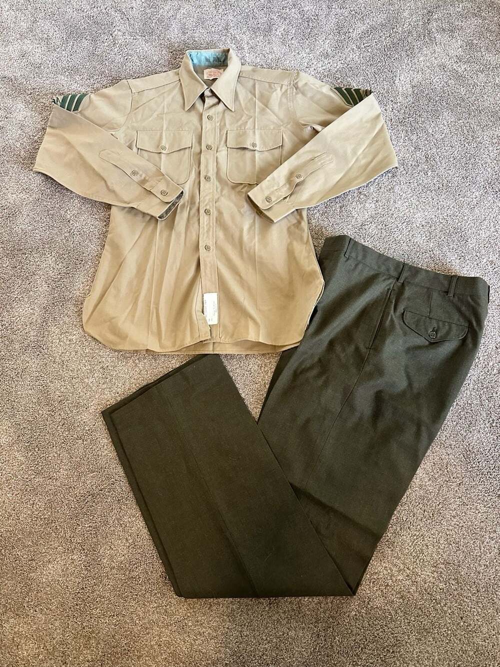 Vintage USMC Service Uniform Set Tan Long Sleeve Shirt Green Trousers
